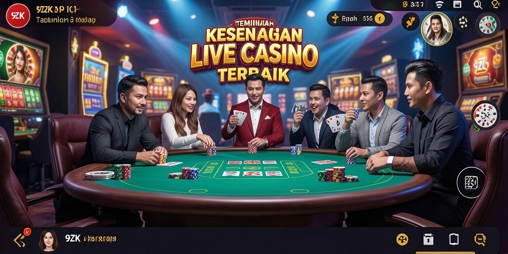 Screenshot gameplay Live Casino 9ZK dengan dealer dan pemain aktif.