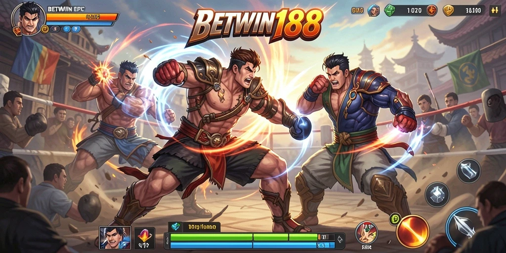 Screenshot utama BETWIN188 menampilkan pertarungan seru antara karakter dalam arena.