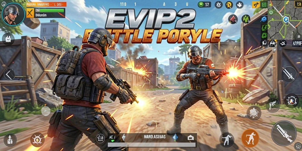 Tangkapan layar utama EVIP2 menampilkan aksi intens dalam pertarungan Battle Royale.