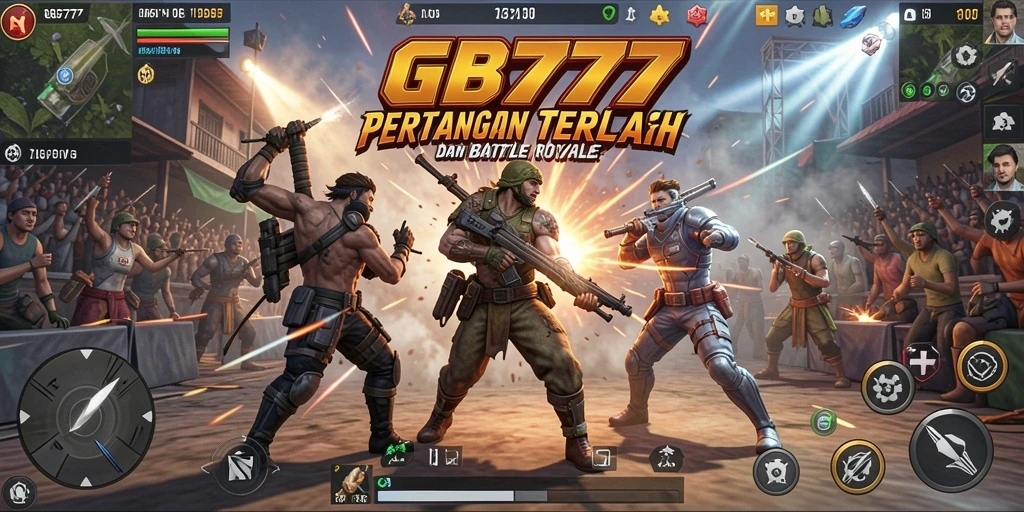 Tangkapan layar utama GB777 menampilkan aksi pertempuran seru dalam gameplay Battle Royale.