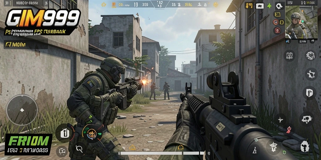 Tampilan dinamis dari gameplay GIM999 dengan aksi tembak-menembak yang seru.