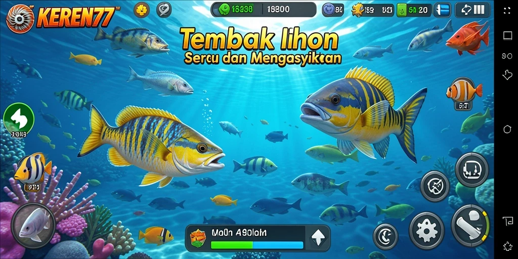 Tampilan gameplay KEREN77 dengan aksi tembak ikan yang seru.
