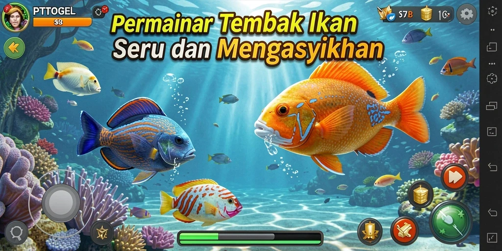 Screenshot gameplay PTTOGEL menampilkan aksi menembak ikan yang seru.