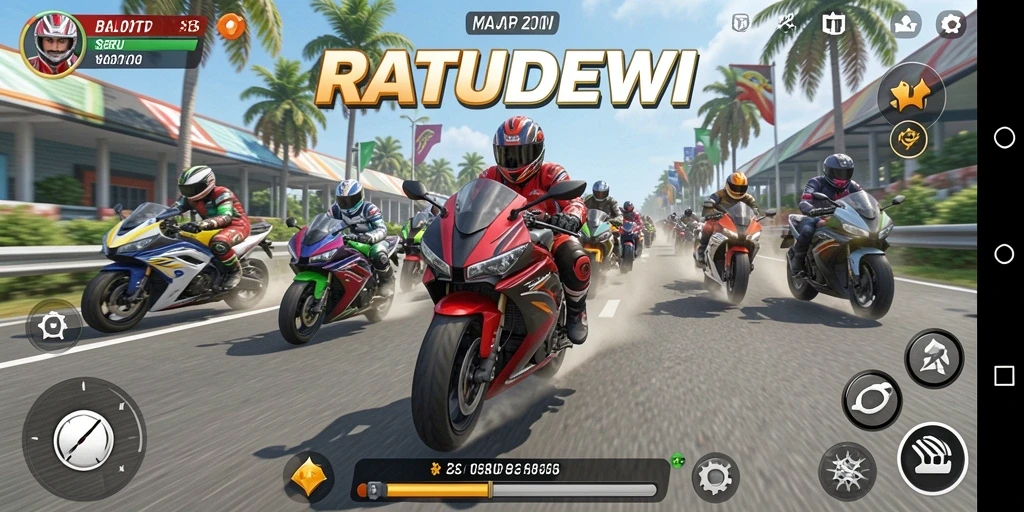 Gameplay seru dalam balapan motor RATUDEWI.