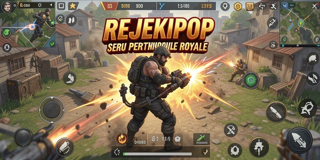 Screenshot gameplay REJEKIPOP menampilkan aksi seru dalam pertempuran Battle Royale.