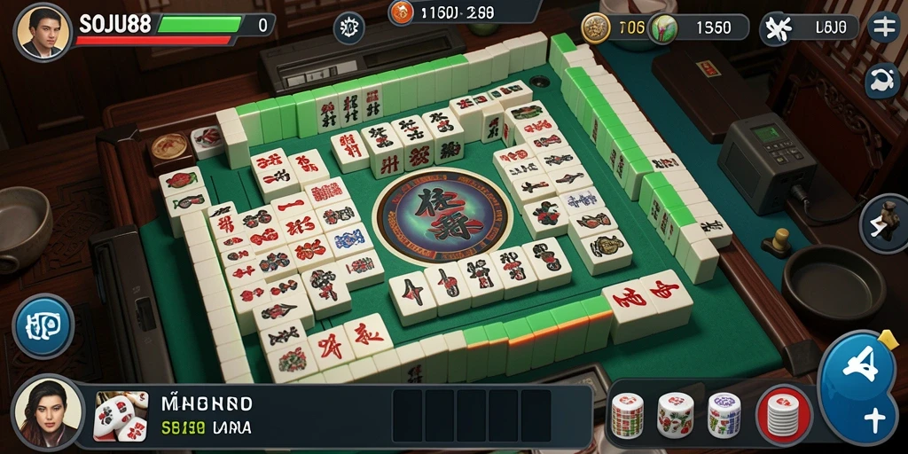 Screenshot gameplay SOJU88 yang menunjukkan suasana pertarungan Mahjong.