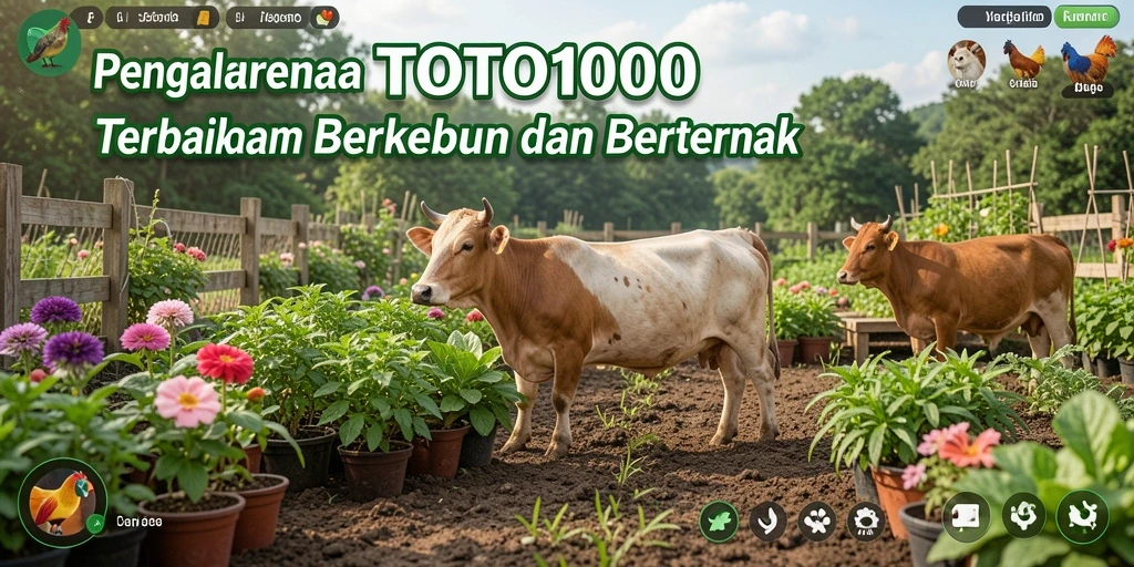 Screenshot utama gameplay <strong>TOTO1000</strong> menunjukkan peternakan yang rimbun dan aktif.